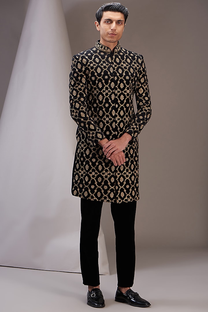 Black Velvet Embroidered Groom Sherwani Set by SVEN SUITS at Pernia's Pop Up Shop