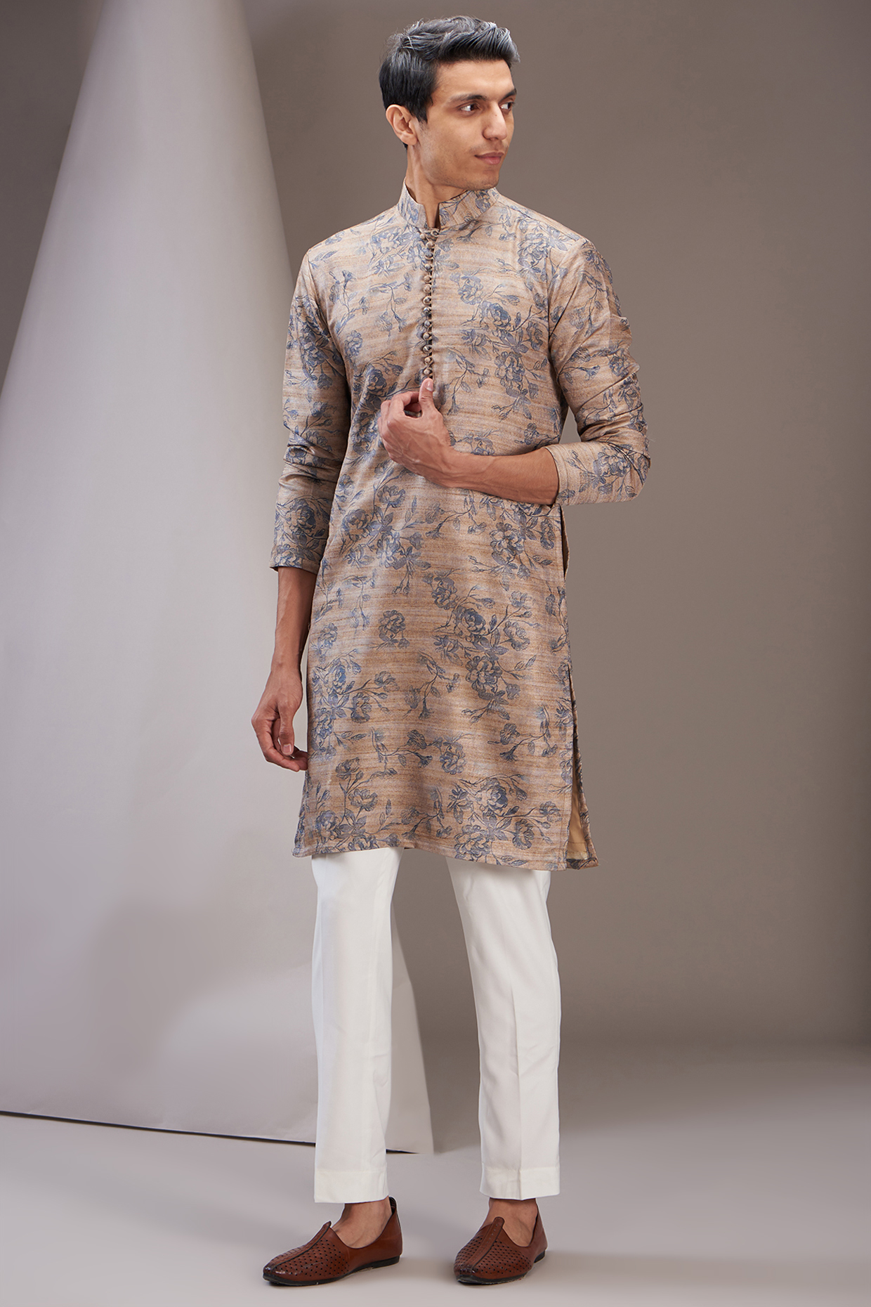 Beige Tussar Silk Printed Kurta Set by SVEN SUITS at Pernia's Pop Up Shop