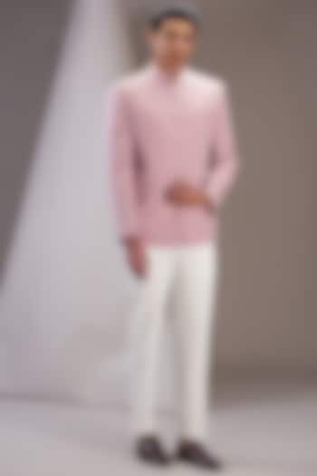 Powder Pink Linen Bandhgala Set by SVEN SUITS at Pernia's Pop Up Shop
