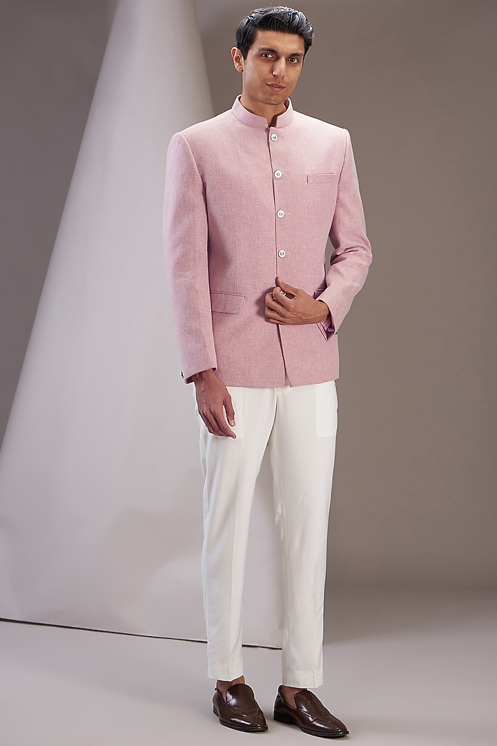Powder Pink Linen Bandhgala Set by SVEN SUITS at Pernia's Pop Up Shop