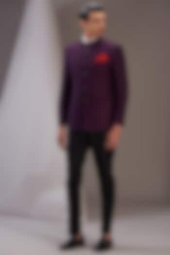 Midnight Purple Jacquard Wedding Bandhgala Set by SVEN SUITS at Pernia's Pop Up Shop