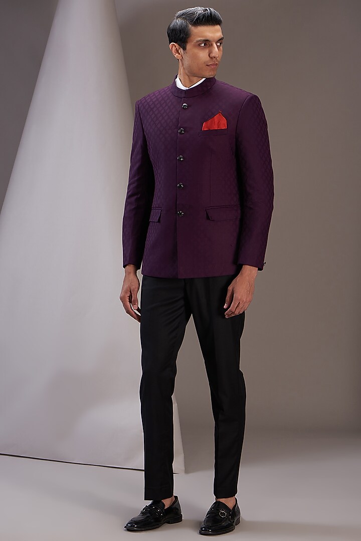Midnight Purple Jacquard Wedding Bandhgala Set by SVEN SUITS at Pernia's Pop Up Shop