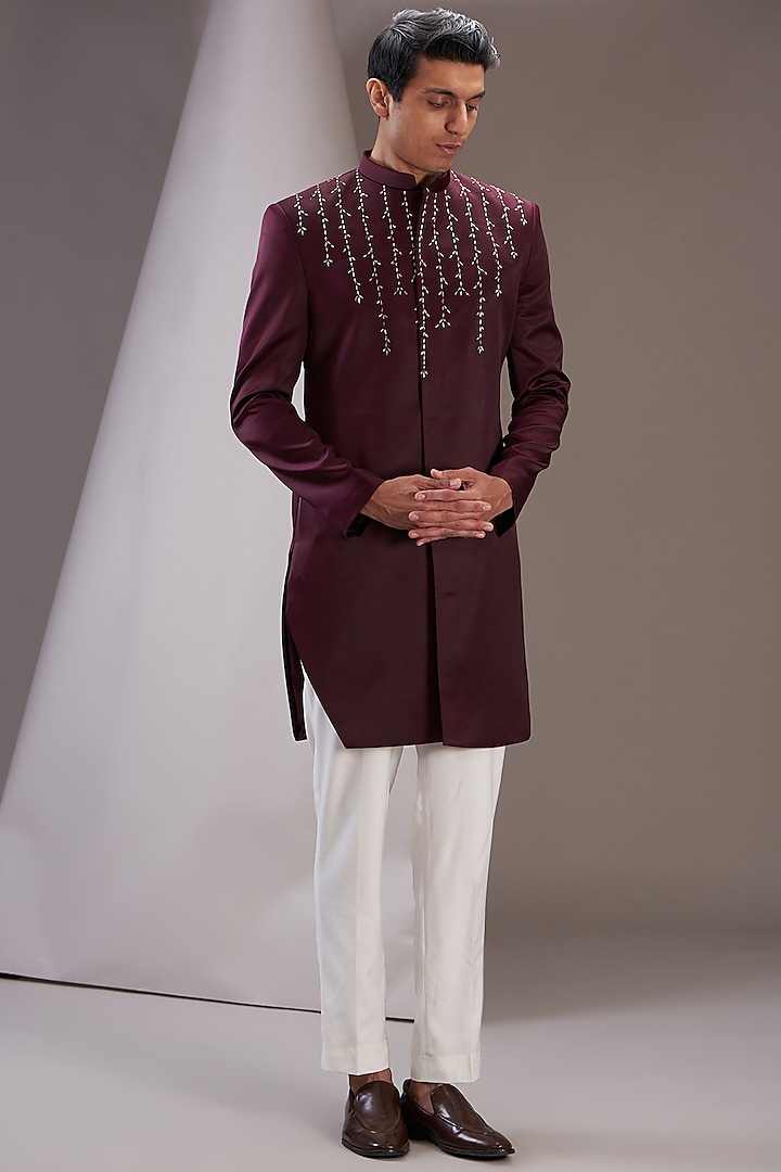 Wine Satin Embroidered Sherwani Set by SVEN SUITS