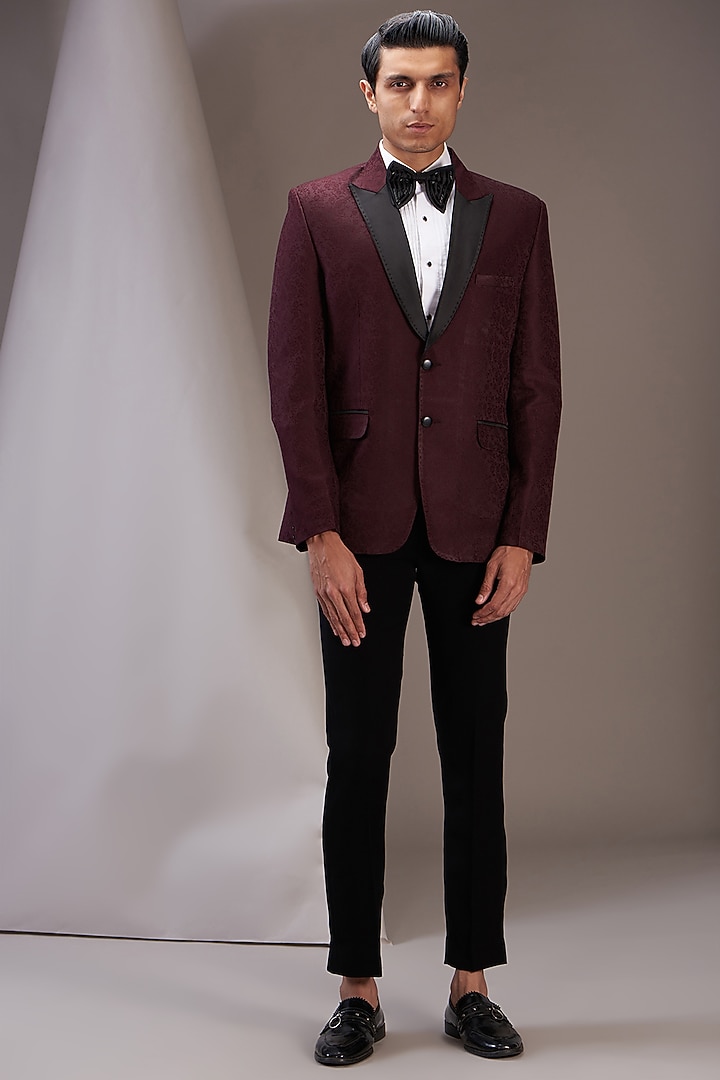 Wine Jacquard Tuxedo Set by SVEN SUITS at Pernia's Pop Up Shop