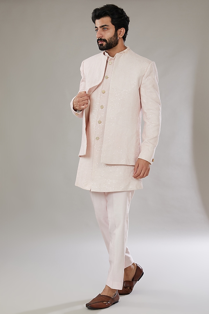 Pink Silk Embroidered Wedding Indowestern Set by SVEN SUITS at Pernia's Pop Up Shop