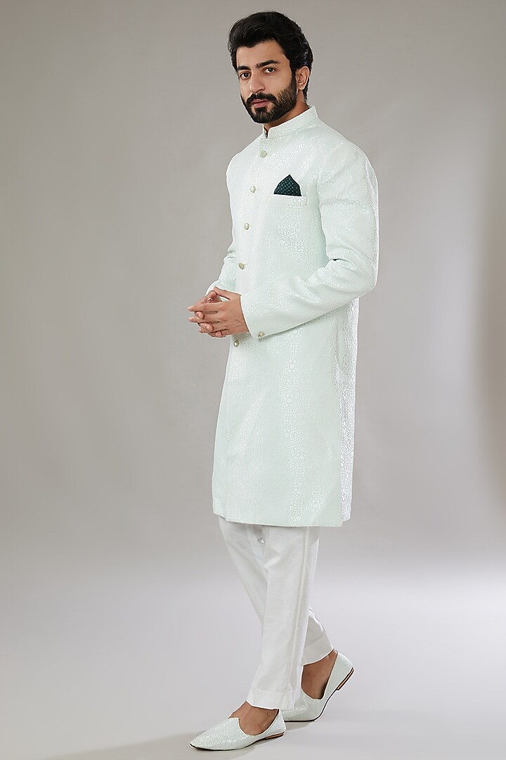 Pale Green Polyester Viscose Embroidered Wedding Sherwani Set by SVEN SUITS at Pernia's Pop Up Shop