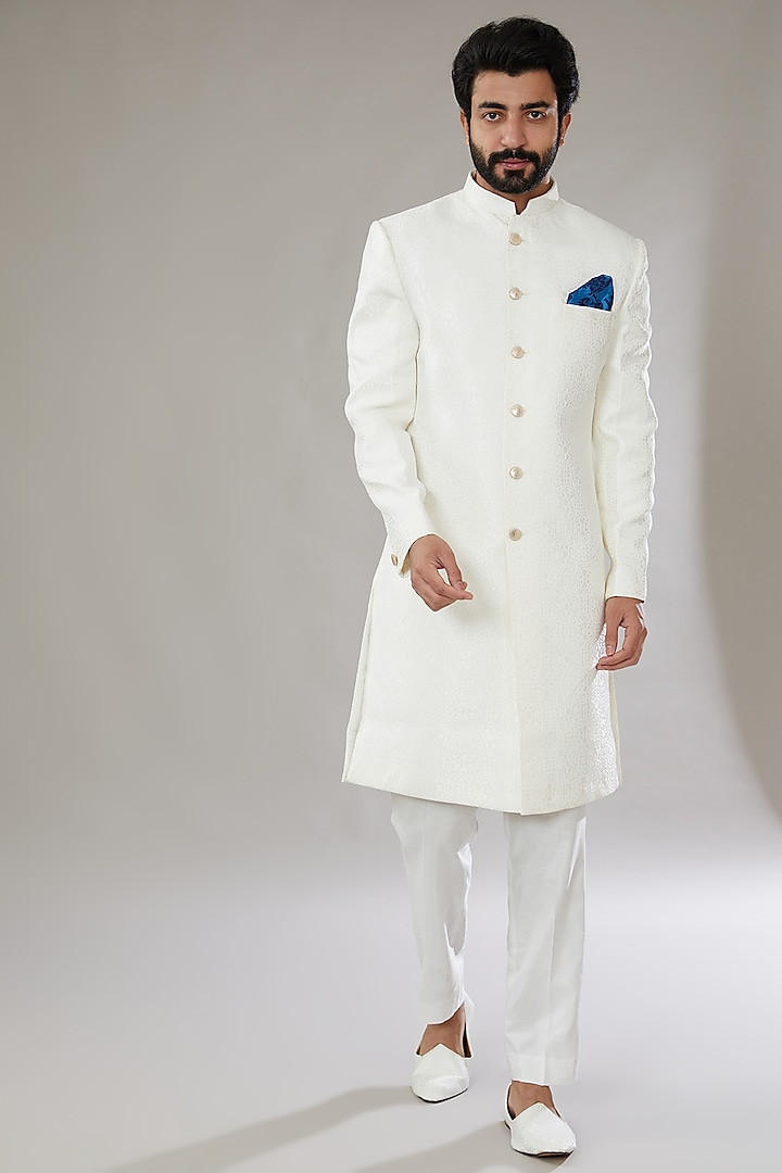 Ivory Polyester Viscose Embroidered Wedding Sherwani Set by SVEN SUITS at Pernia's Pop Up Shop