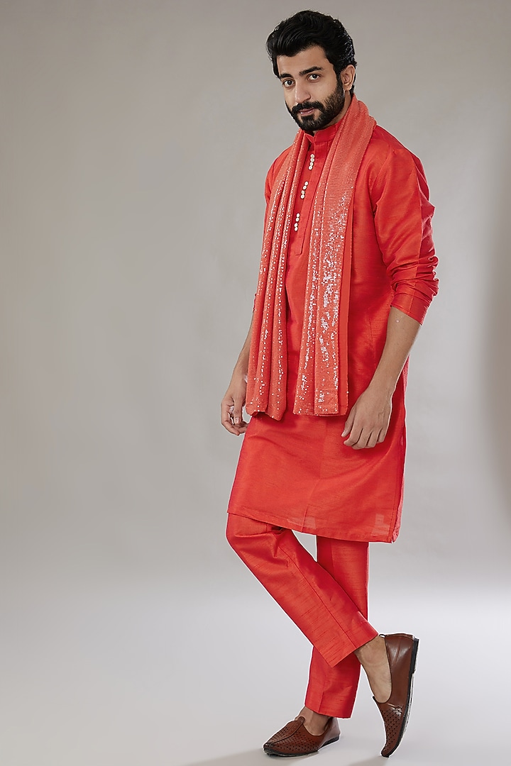 Orange Faux Silk Kurta Set by SVEN SUITS at Pernia's Pop Up Shop