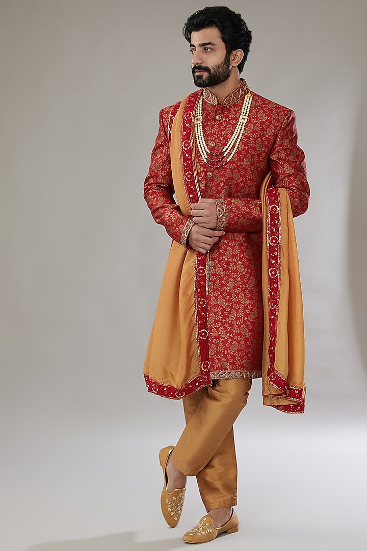 Red & Gold Brocade Embroidered Sherwani Set by SVEN SUITS