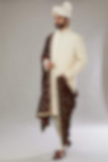 Ivory Silk Embroidered Groom Sherwani Set by SVEN SUITS at Pernia's Pop Up Shop