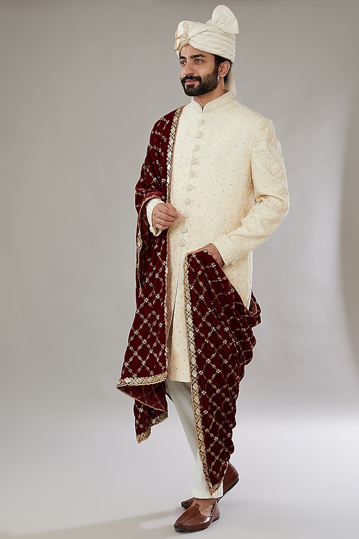 Ivory Silk Embroidered Groom Sherwani Set by SVEN SUITS at Pernia's Pop Up Shop