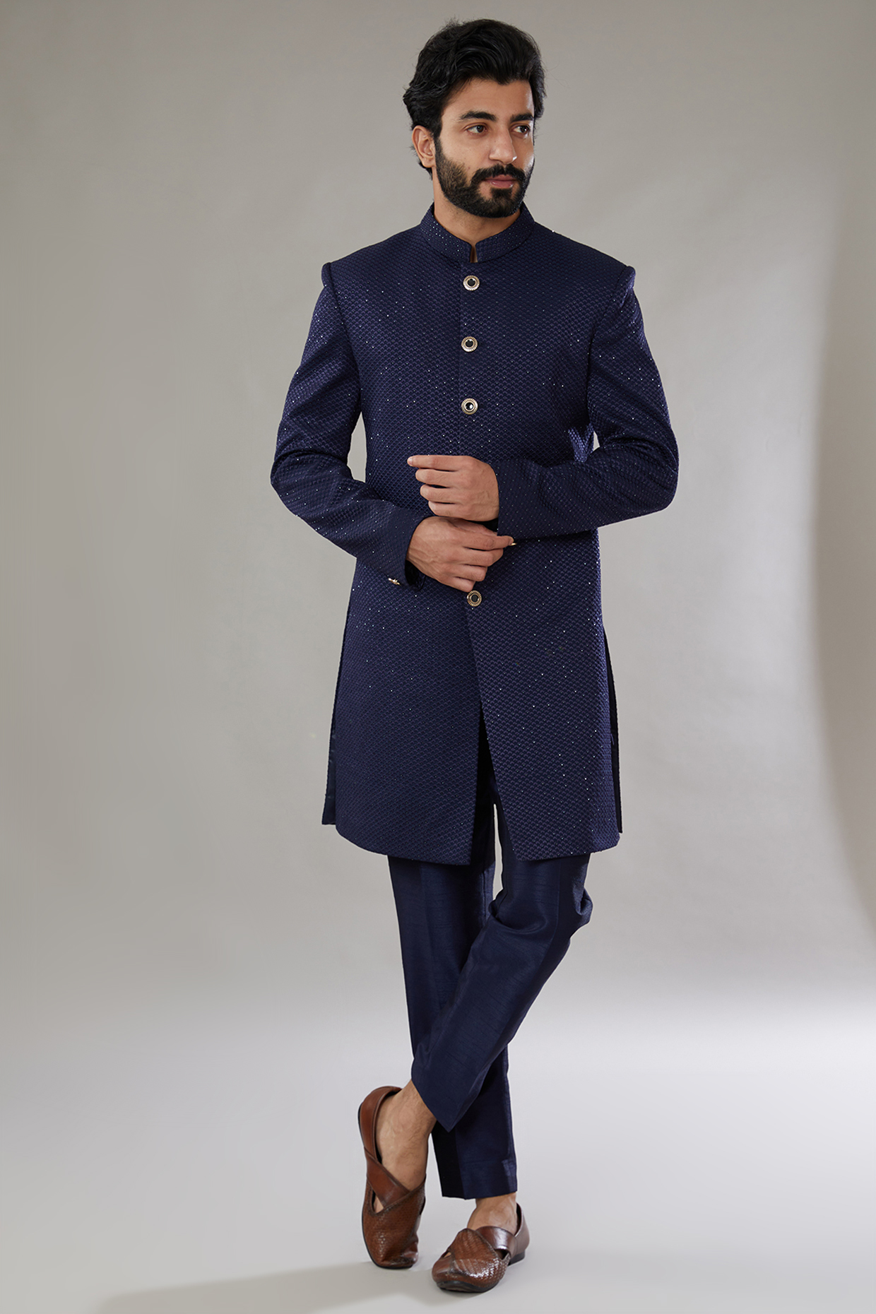 Navy Blue Polyester Viscose Embroidered Wedding Indowestern Set by SVEN SUITS at Pernia's Pop Up Shop
