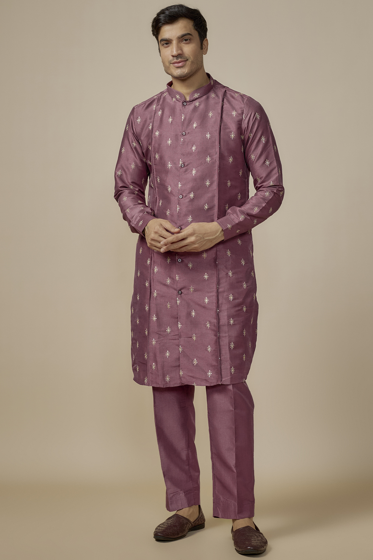 Carrot-Colored Faux Silk Machine Embroidered Kurta Set by SVEN SUITS at Pernia's Pop Up Shop