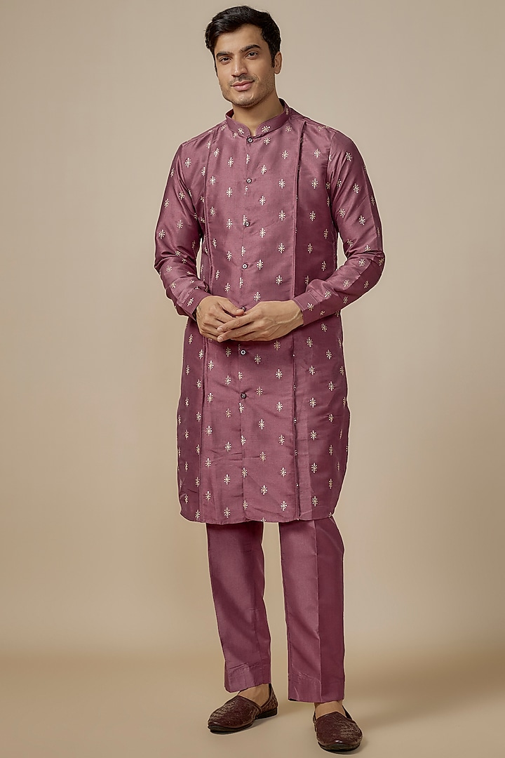 Carrot-Colored Faux Silk Machine Embroidered Kurta Set by SVEN SUITS at Pernia's Pop Up Shop