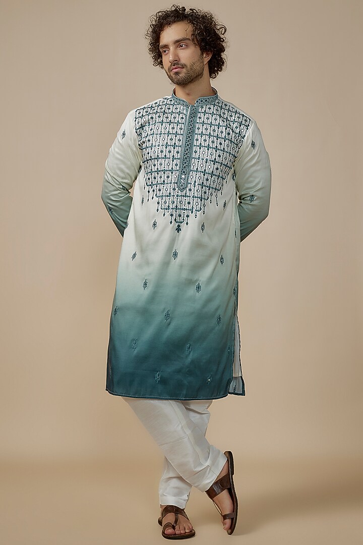 Green Ombre Faux Silk Machine Embroidered Kurta Set by SVEN SUITS at Pernia's Pop Up Shop