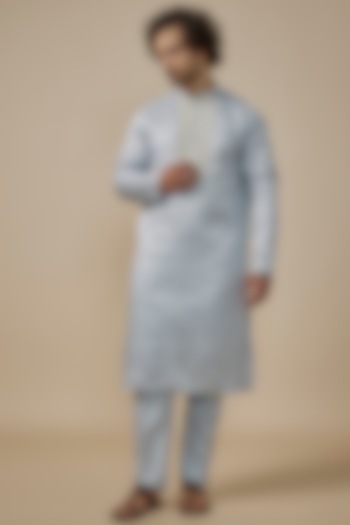 Sky Blue Faux Silk Machine Embroidered Kurta Set by SVEN SUITS at Pernia's Pop Up Shop