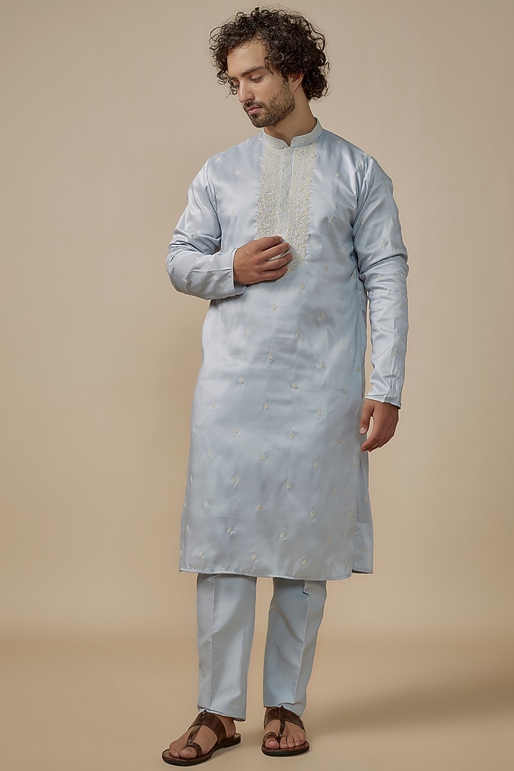 Sky Blue Faux Silk Machine Embroidered Kurta Set by SVEN SUITS at Pernia's Pop Up Shop