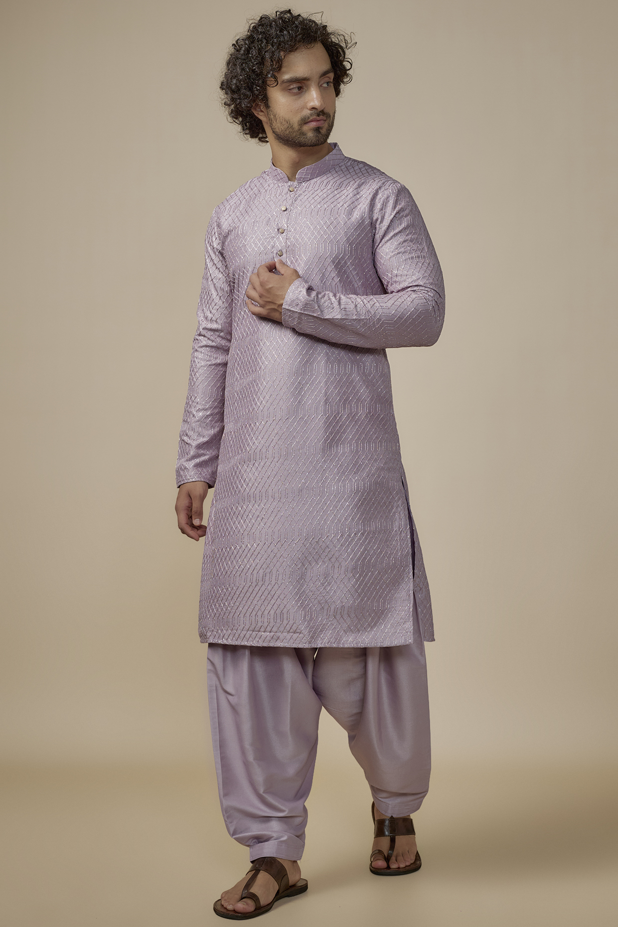 Mauve Faux Silk Zari Machine Embroidered Kurta Set by SVEN SUITS at Pernia's Pop Up Shop