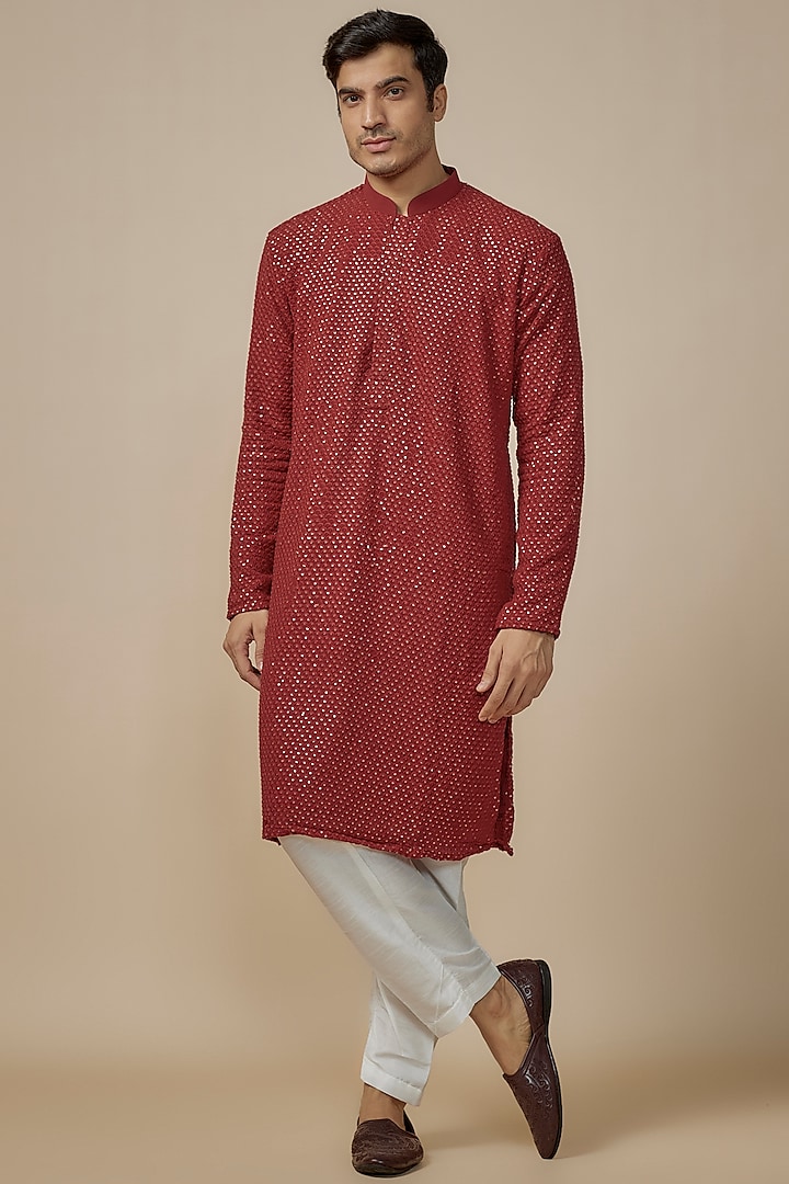 Red Georgette Sequins Machine Embroidered Kurta Set by SVEN SUITS at Pernia's Pop Up Shop