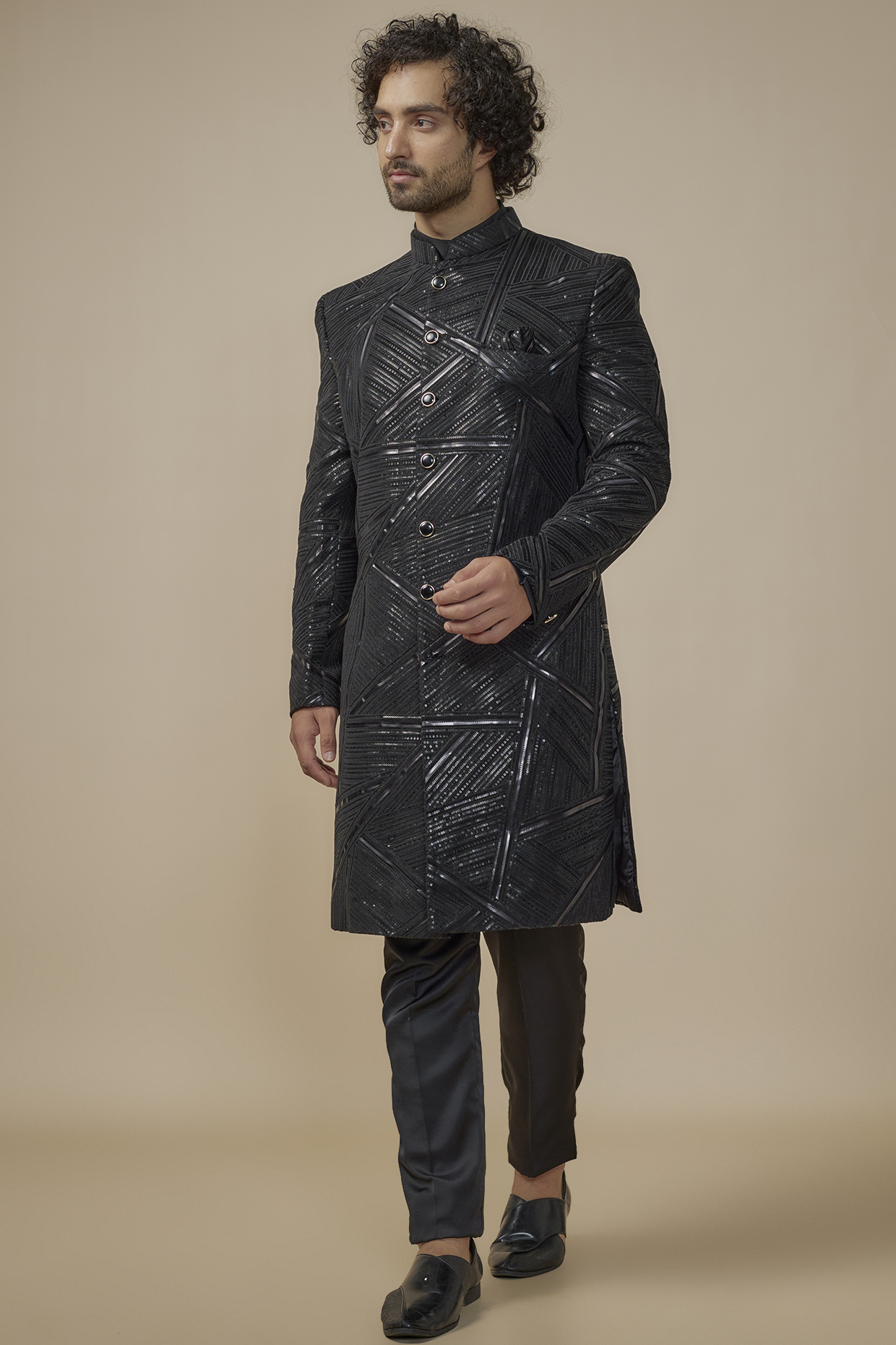 Black Velvet Sequins Machine Embroidered Wedding Sherwani Set by SVEN SUITS at Pernia's Pop Up Shop