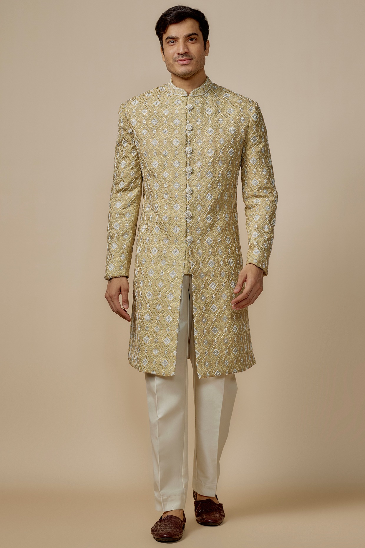 SVEN SUITS Gold Faux Silk Cutdana Machine Embroidered Sherwani Set