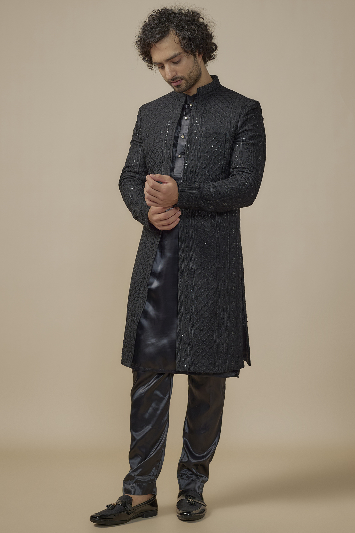 Black Georgette & Satin Machine Embroidered Indowestern Set by SVEN SUITS at Pernia's Pop Up Shop