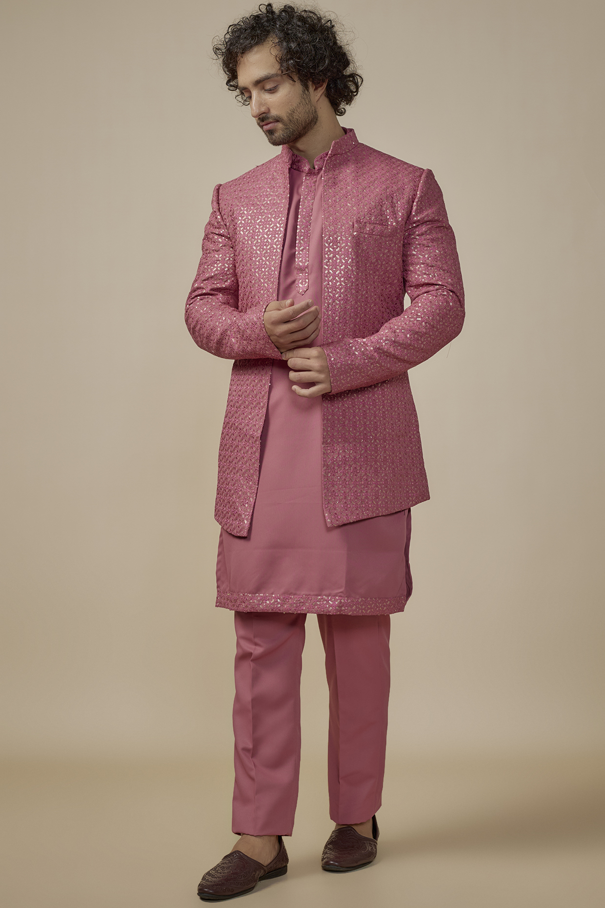 Carrot Colored Korean Sequins Machine Embroidered Wedding Indowestern Set by SVEN SUITS at Pernia's Pop Up Shop