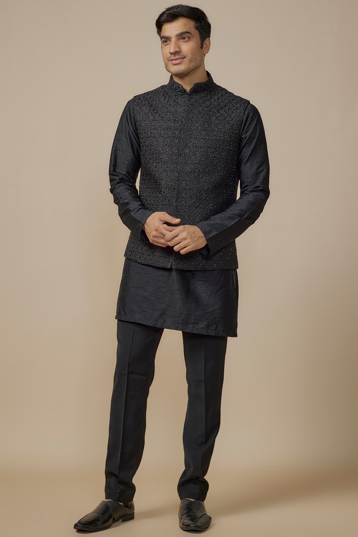 SVEN SUITS Black Faux Silk Cutdana Hand & Machine Embroidered Bundi Jacket Set