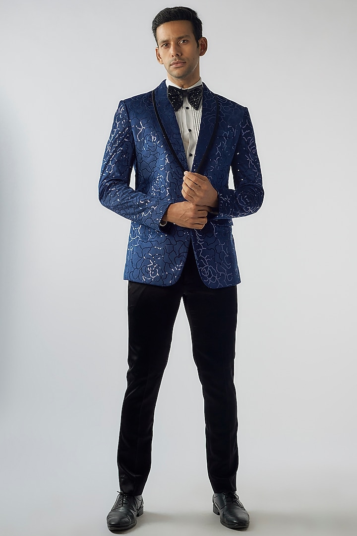 Navy Blue Velvet Embroidered Tuxedo Set by SVEN SUITS at Pernia's Pop Up Shop
