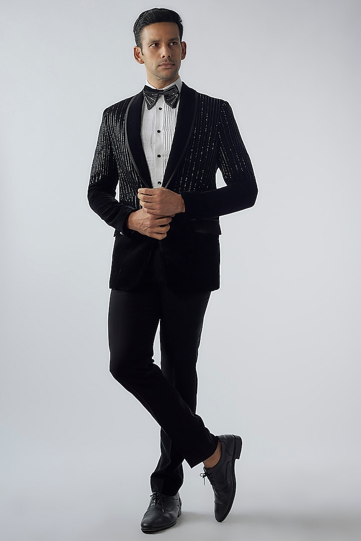 Black Velvet Embroidered Tuxedo Set by SVEN SUITS at Pernia's Pop Up Shop