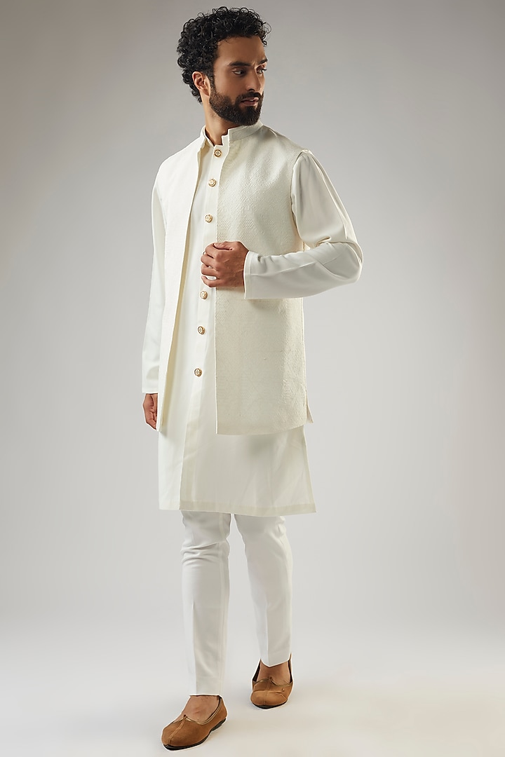 White Japanese Polyester Viscose Embroidered Indo-Western Set by SVEN SUITS at Pernia's Pop Up Shop