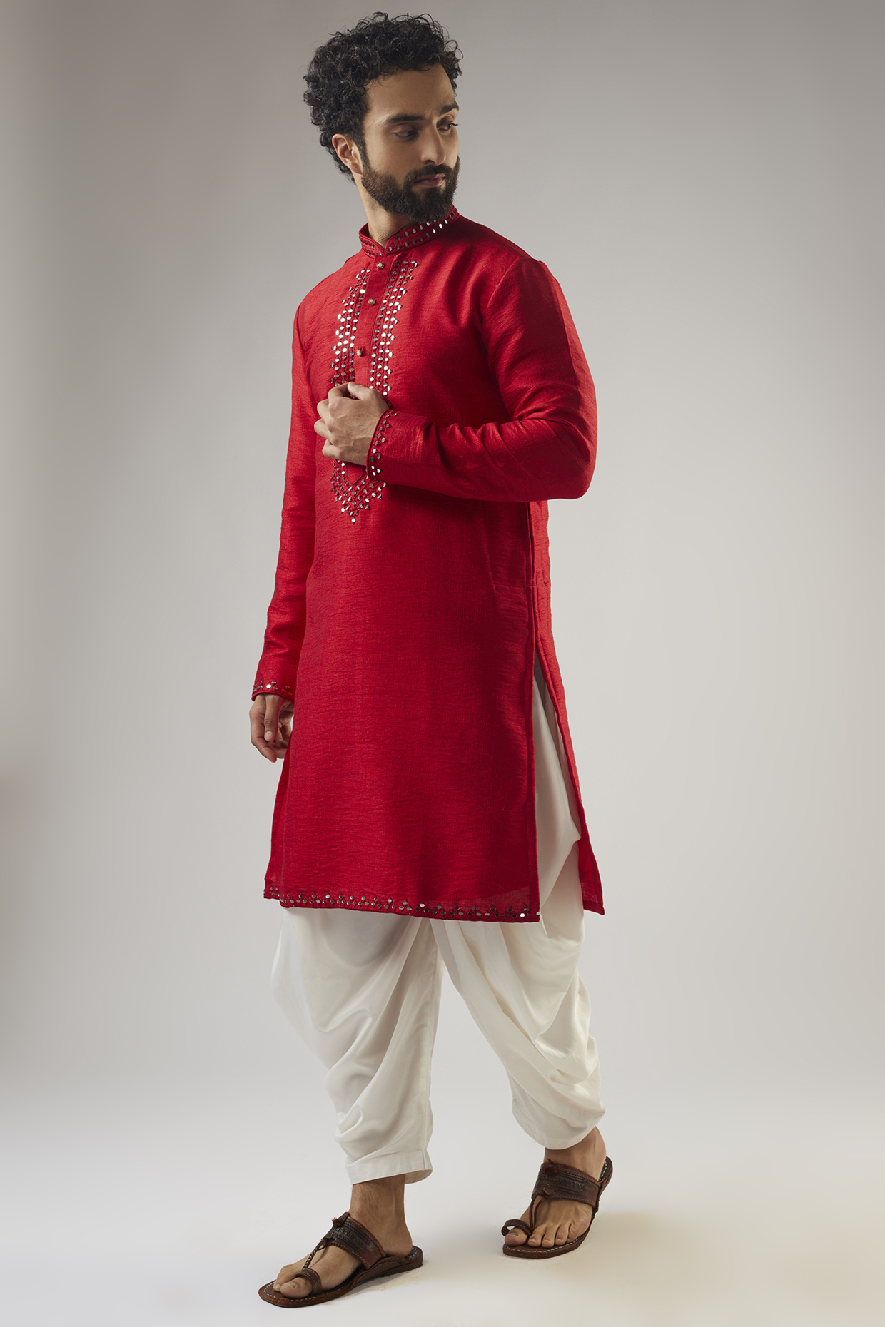 Red Tussar Hand Embroidered Kurta Set by SVEN SUITS at Pernia's Pop Up Shop