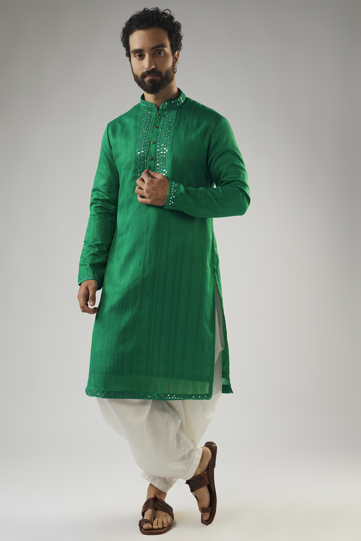 Castleton Green Tussar Hand Embroidered Kurta Set by SVEN SUITS at Pernia's Pop Up Shop