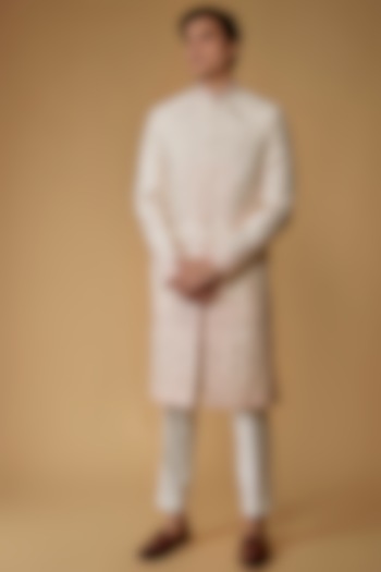 Cream & Pink Faux Silk Hand Embroidered Groom Sherwani Set by SVEN SUITS at Pernia's Pop Up Shop