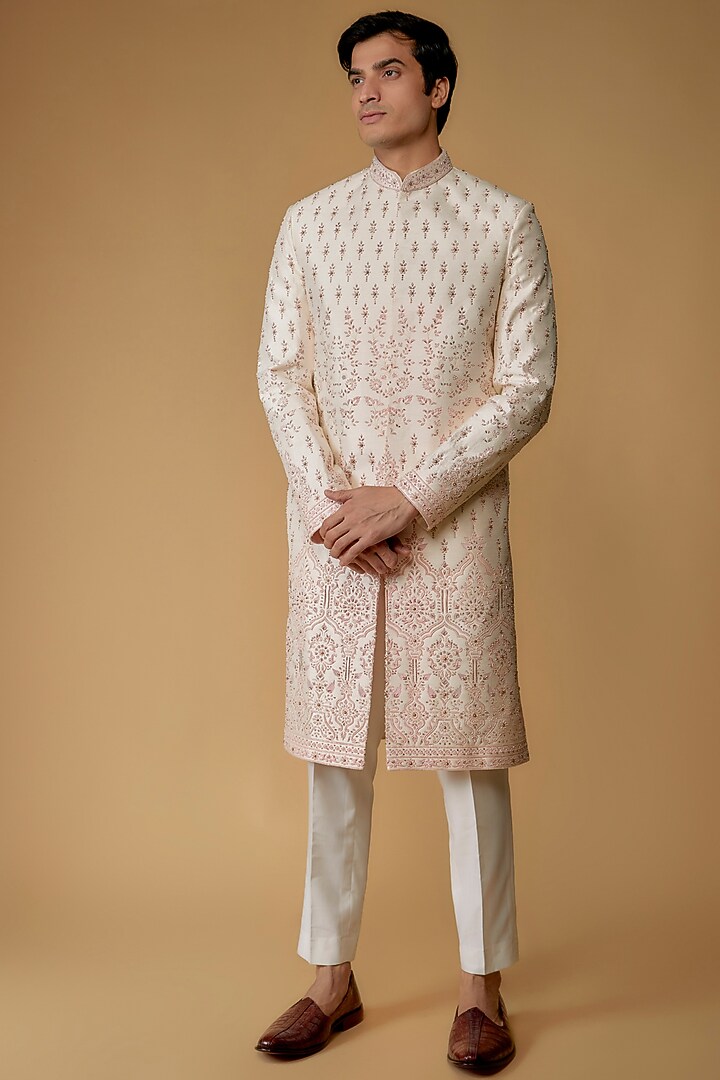 Cream & Pink Faux Silk Hand Embroidered Groom Sherwani Set by SVEN SUITS at Pernia's Pop Up Shop