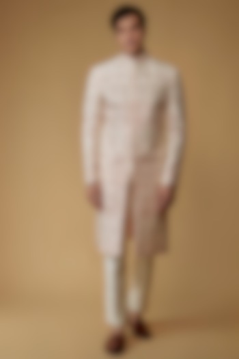 Cream & Pink Faux Silk Hand Embroidered Groom Sherwani Set by SVEN SUITS at Pernia's Pop Up Shop