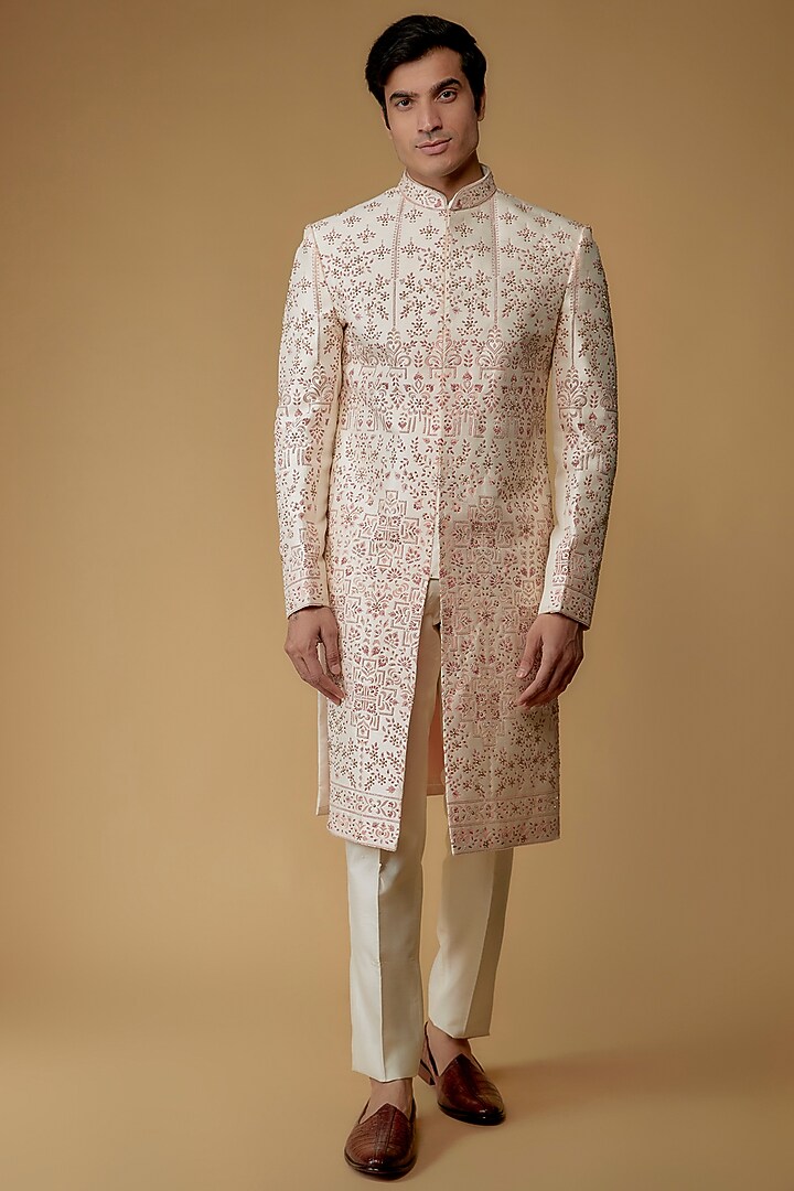 Cream & Pink Faux Silk Hand Embroidered Groom Sherwani Set by SVEN SUITS at Pernia's Pop Up Shop