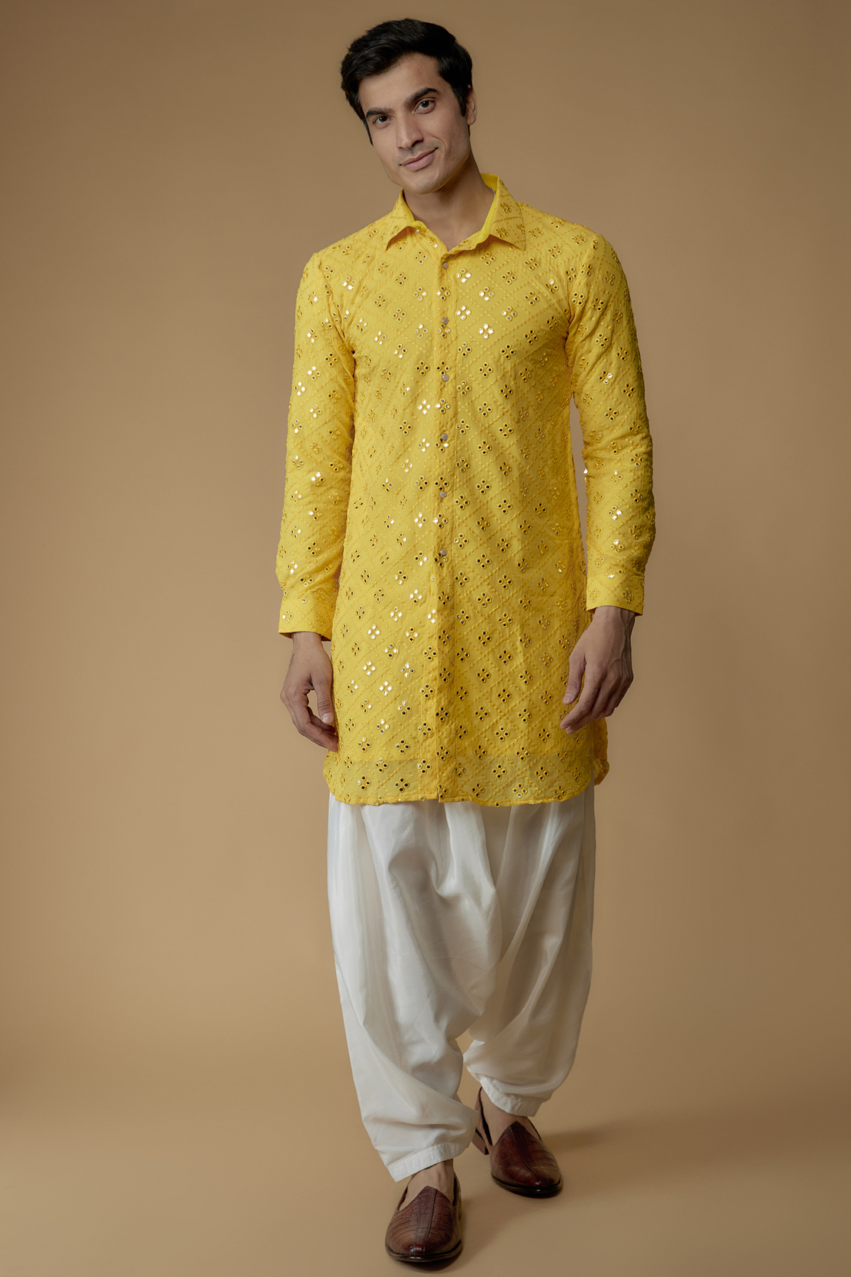 Yellow Georgette Embroidered Kurta Set by SVEN SUITS