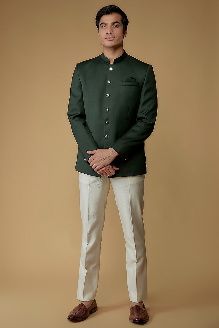 Emerald Green Terry Rayon Bandhgala Set by SVEN SUITS