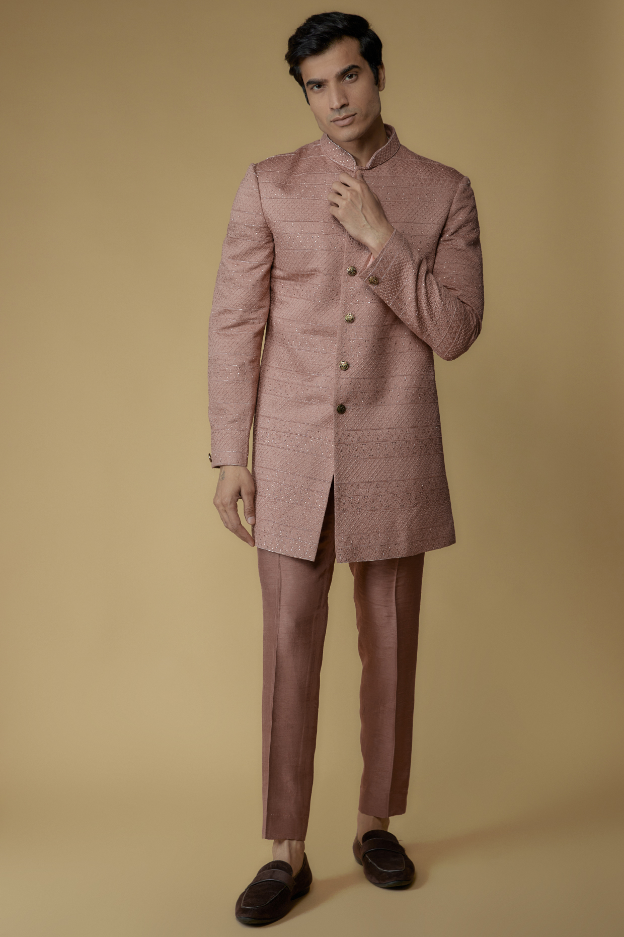 Mauve Silk Hand Embroidered Wedding Indowestern Set by SVEN SUITS at Pernia's Pop Up Shop