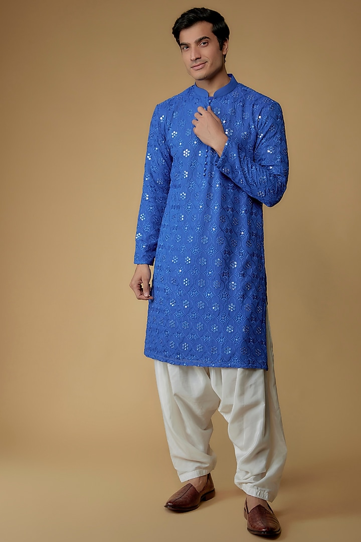 Royal Blue Georgette Embroidered Kurta Set by SVEN SUITS