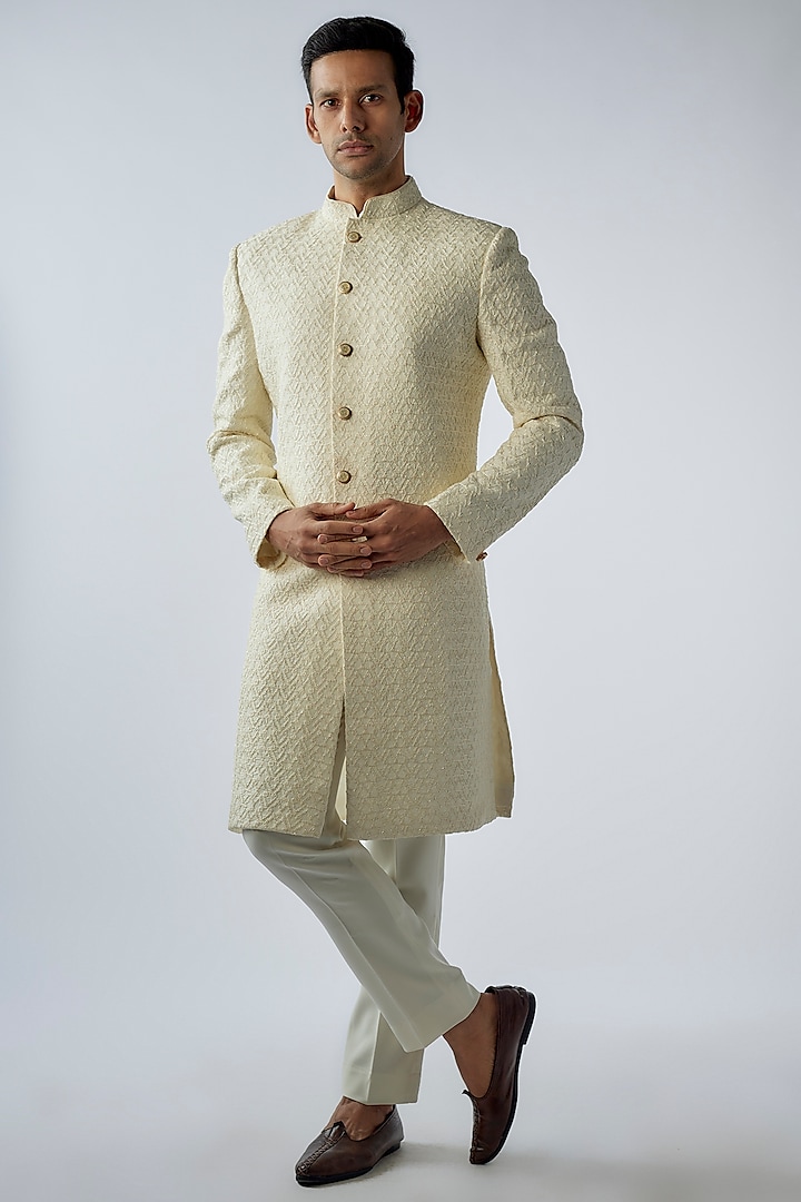 Ivory Silk Embroidered Groom Sherwani Set by SVEN SUITS at Pernia's Pop Up Shop