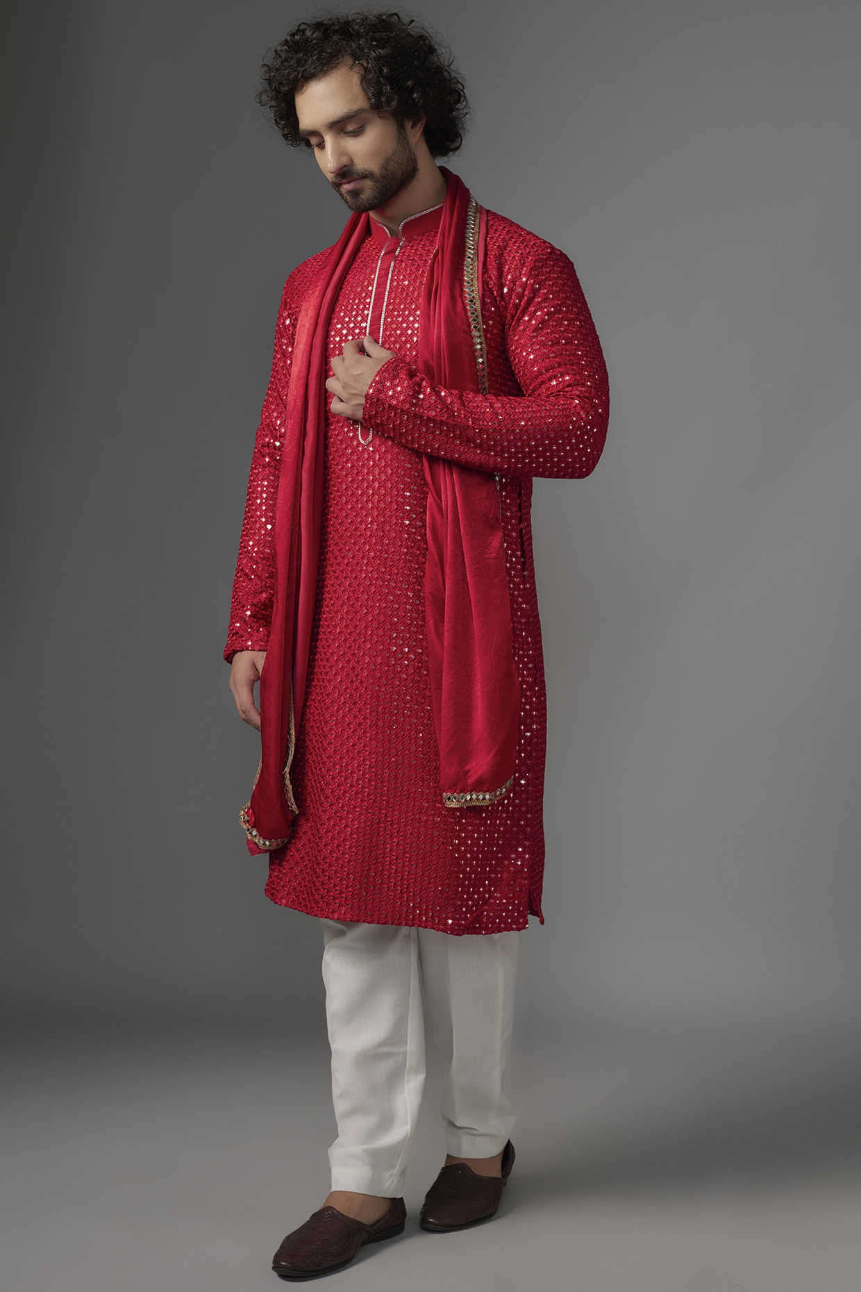Red Faux Silk Mirror Embroidered Kurta Set by SVEN SUITS at Pernia's Pop Up Shop