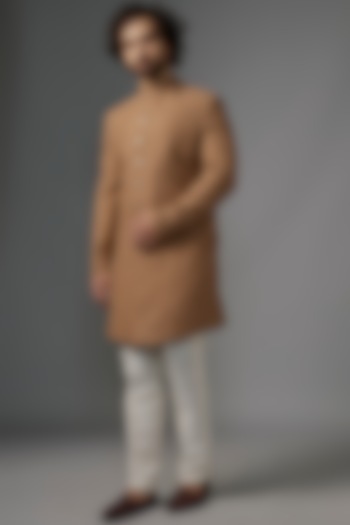 Ash Brown Faux Silk Sequin Embroidered Wedding Indowestern Set by SVEN SUITS at Pernia's Pop Up Shop