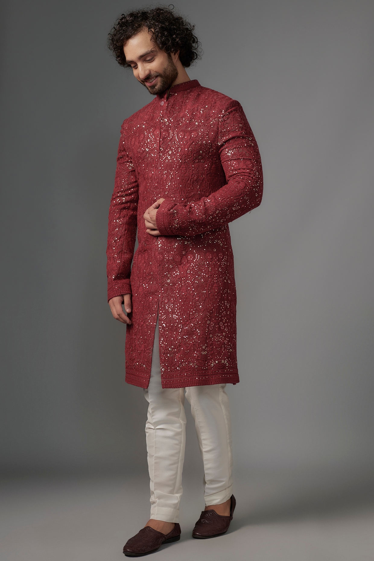 SVEN SUITS Wine Red Georgette Sequin Embroidered Sherwani Set