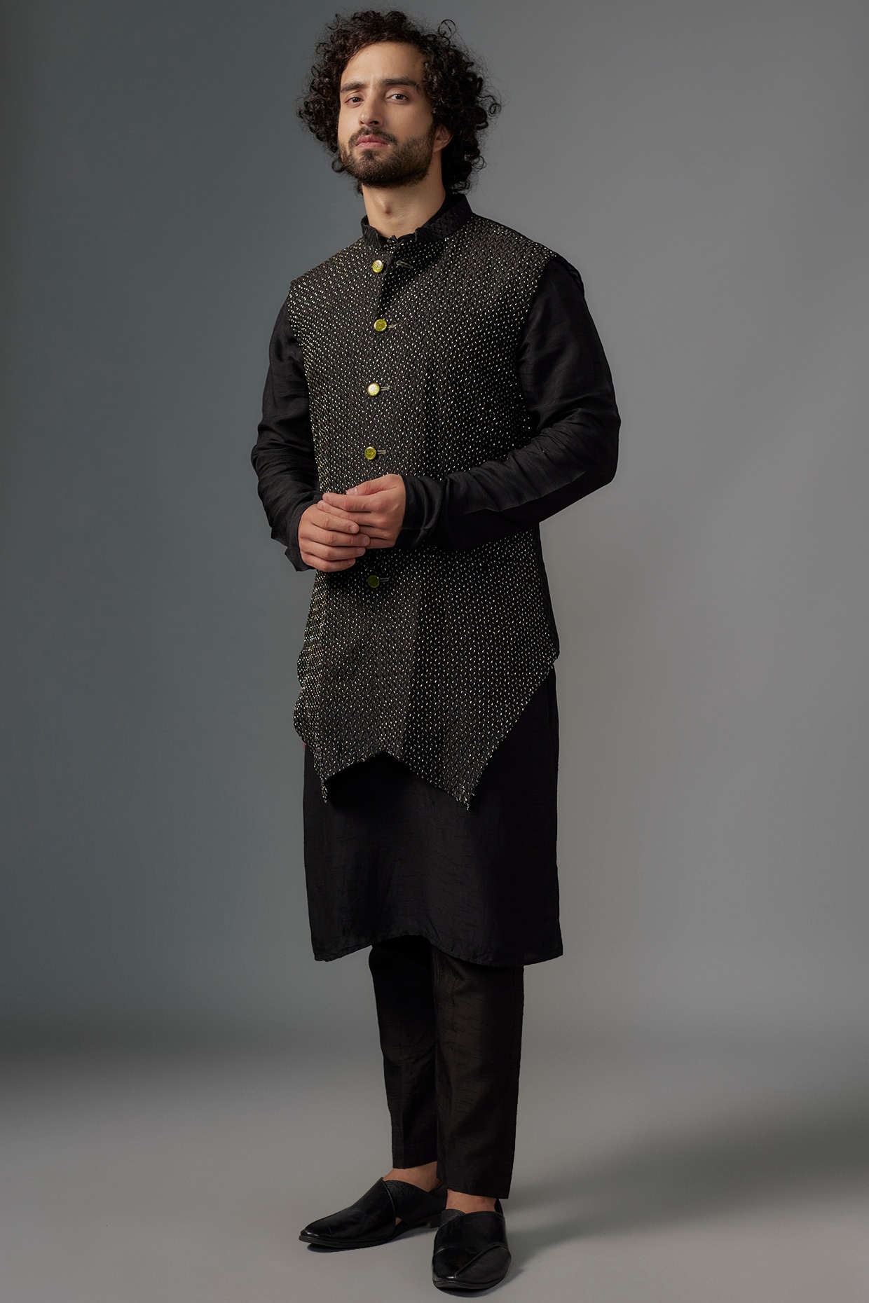 SVEN SUITS Black Faux Silk Cutdana Hand Embroidered Bundi Jacket Set
