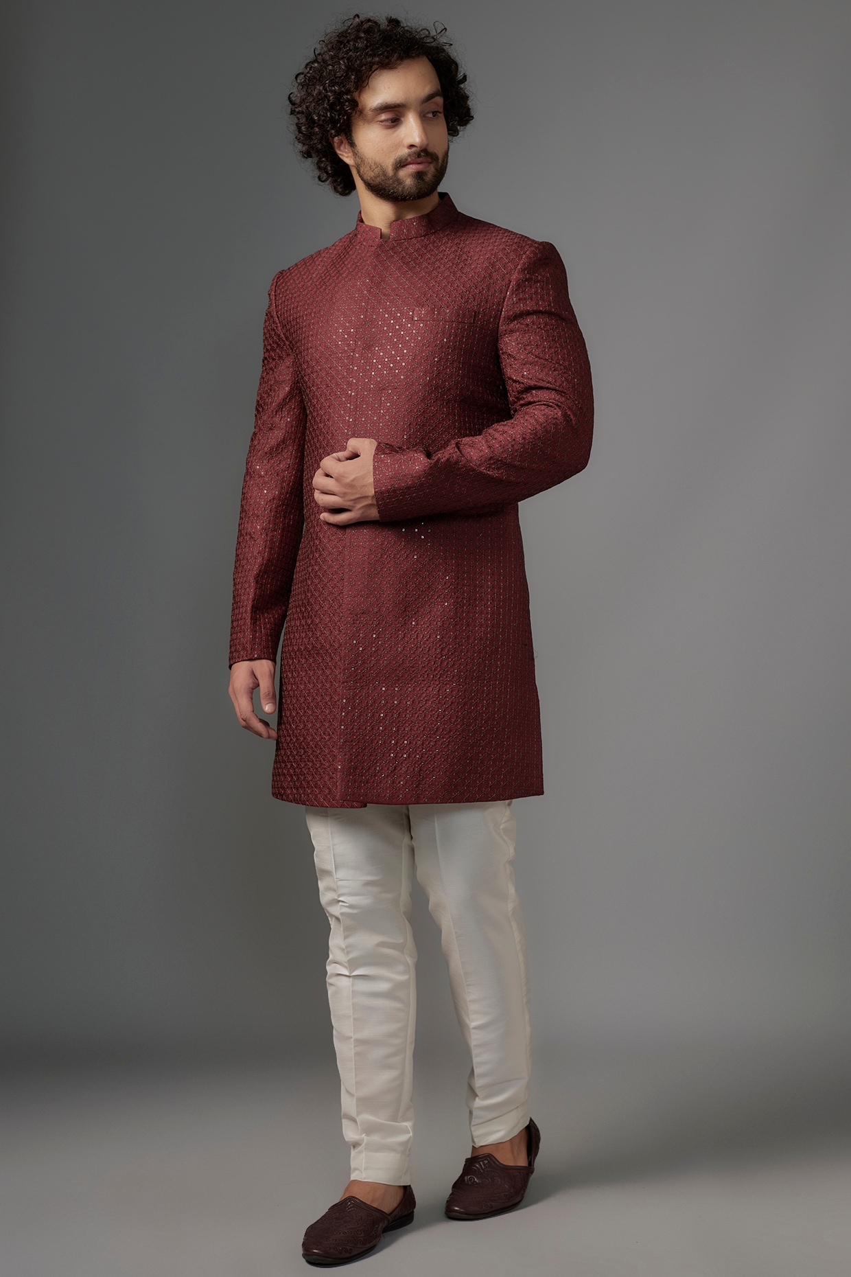 SVEN SUITS Wine Red Polyester Viscose Embroidered Sherwani Set