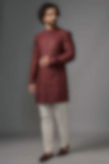 Wine Red Polyester Viscose Embroidered Wedding Sherwani Set by SVEN SUITS at Pernia's Pop Up Shop
