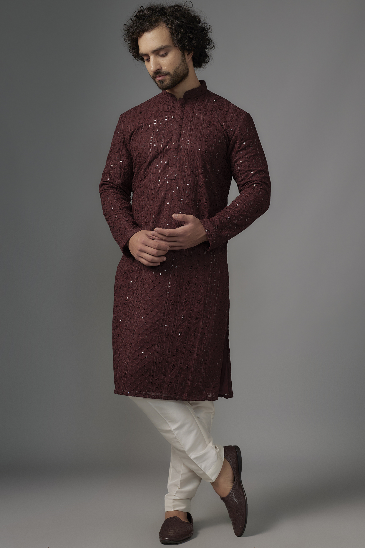 Wine Georgette Sequin Embroidered Kurta Set by SVEN SUITS at Pernia's Pop Up Shop