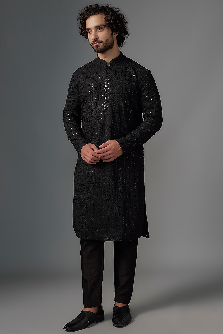 Black Georgette Sequin Embroidered Kurta Set by SVEN SUITS at Pernia's Pop Up Shop